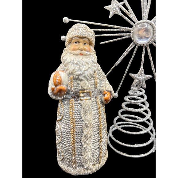 Vintage Glitter Silver Christmas Figurines Set w/ Santa, Reindeer, & Tree Topper - Picture 3 of 6